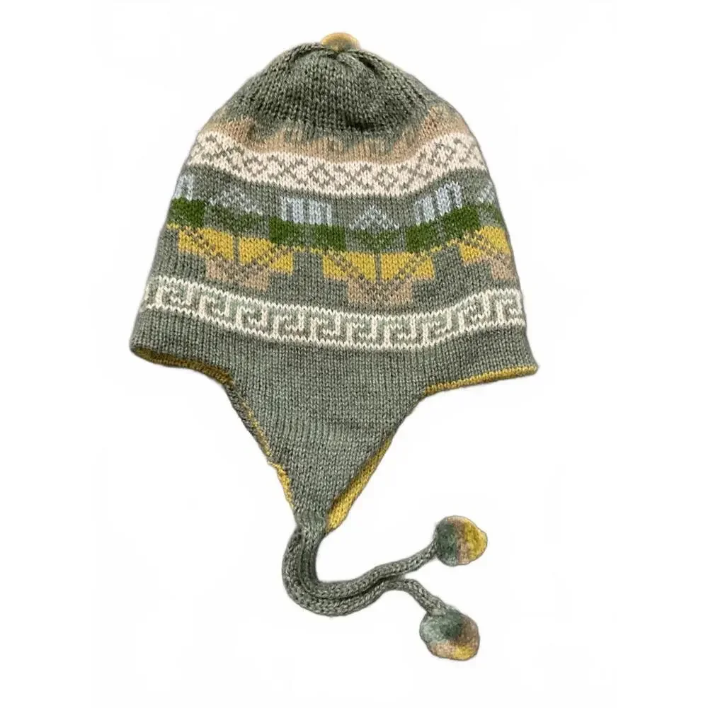 Reversible Knitted Winter Hat with Earflaps and Pom Poms